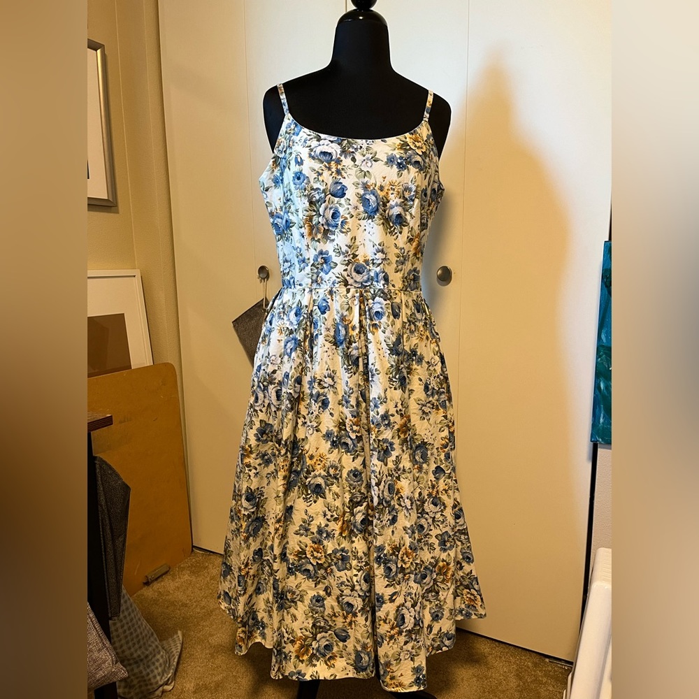 White and Blue Floral Priscilla Midi Dress